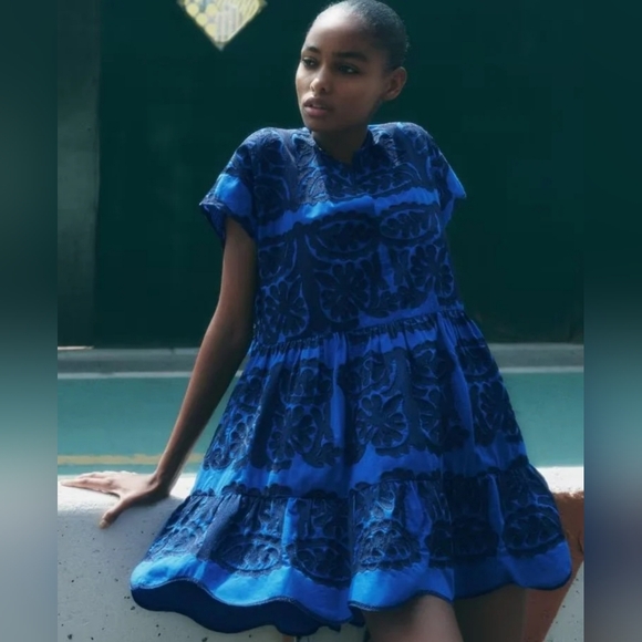 Zara Dresses & Skirts - Zara Blue Mini Dress with Black Intricate Embroidery, Size S